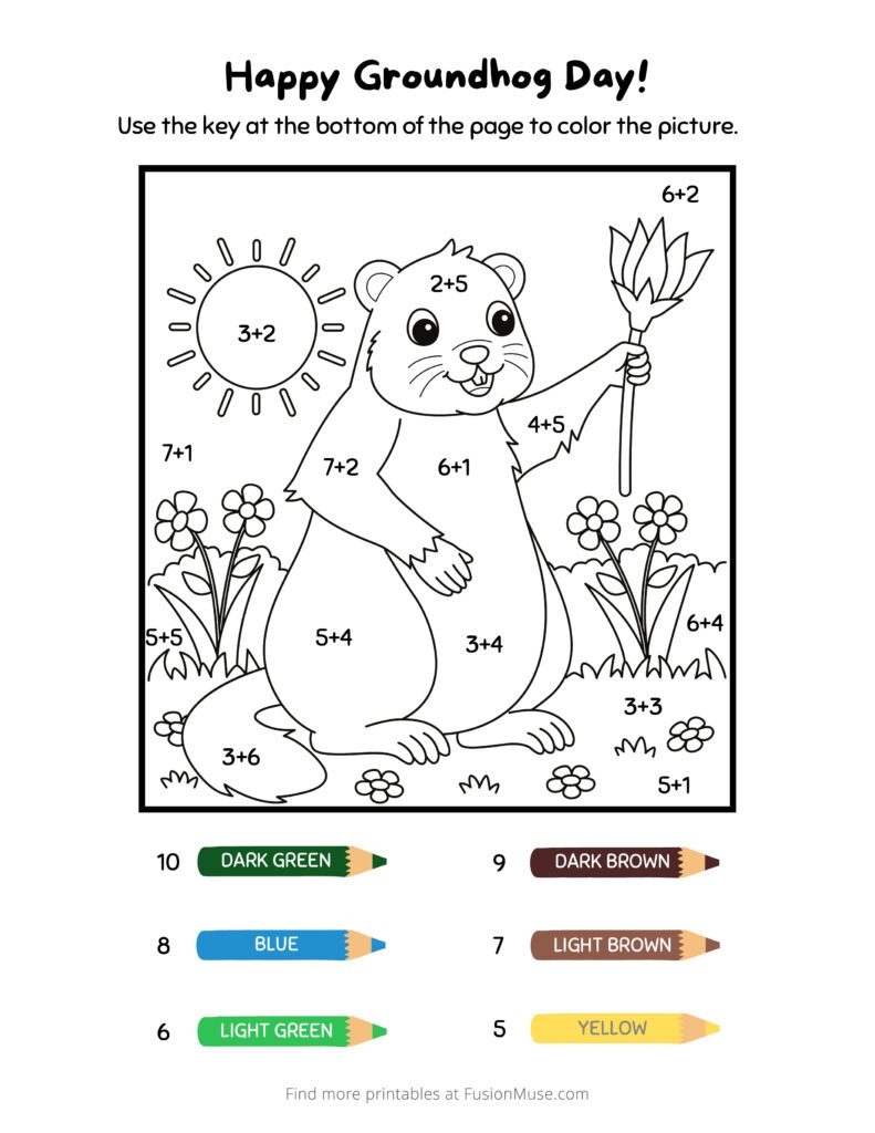 Groundhog Day coloring page for kids with math activity