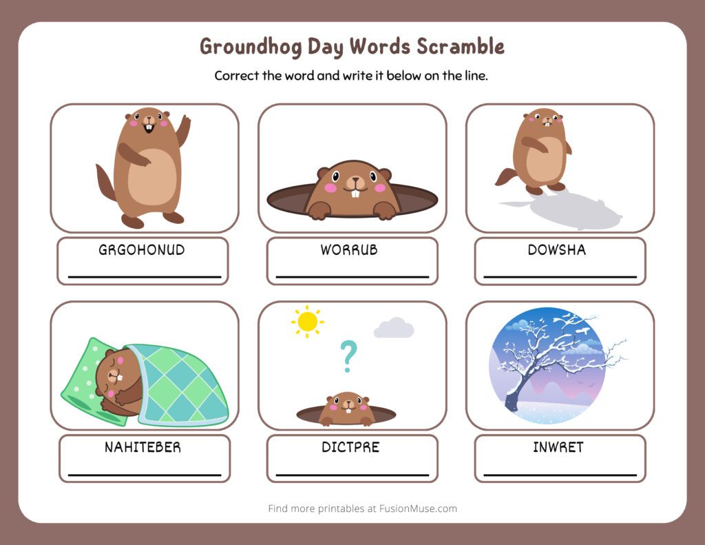 Groundhog Day word scramble activity for kids