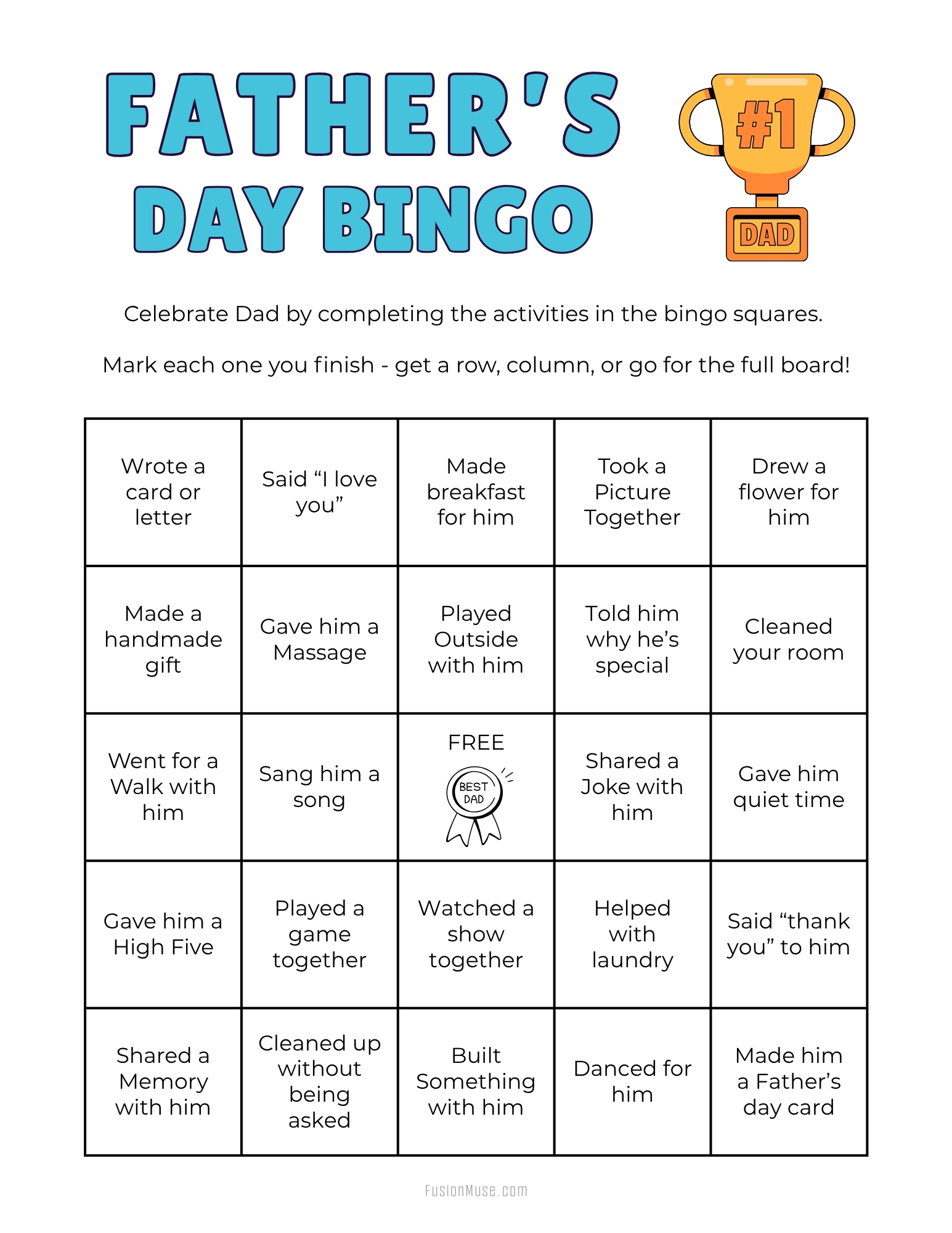 Fathers Day Bingo Card Color