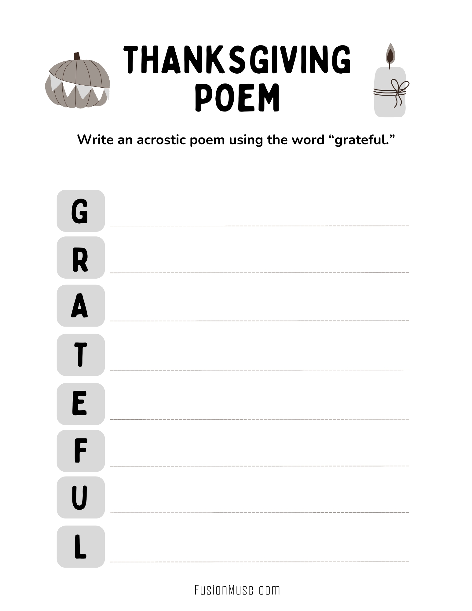 Thanksgiving Acrostic Poem Grayscale