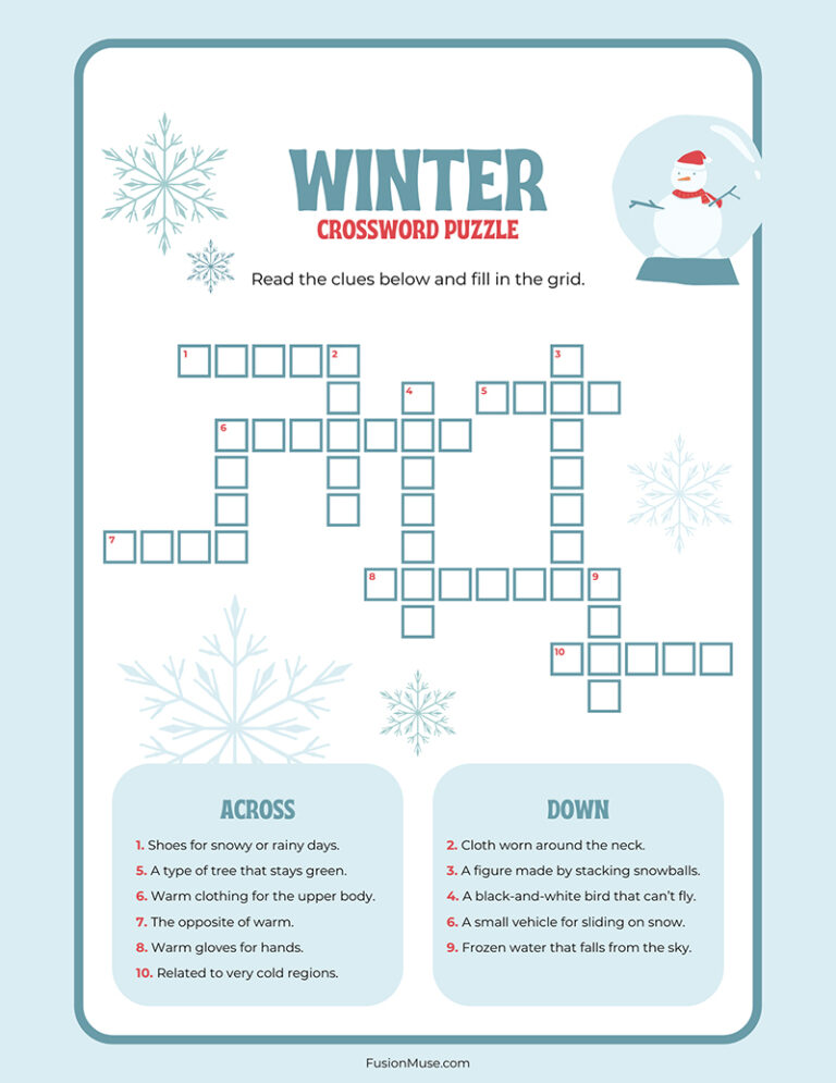 Winter Crossword Puzzle Worksheet