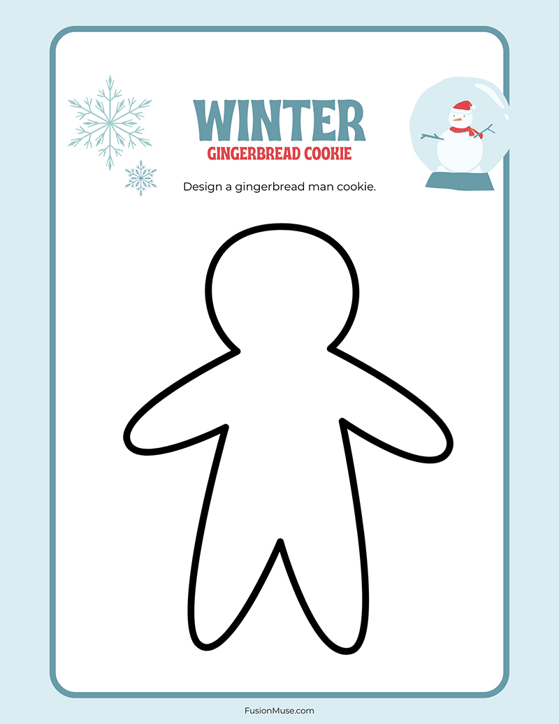 Winter Themed Gingerbread Man Cookie Drawing and Coloring Page