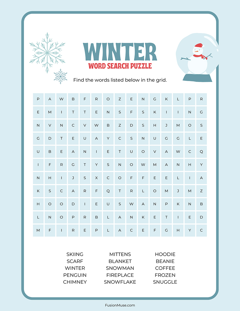 Winter Word Search Puzzle Worksheet